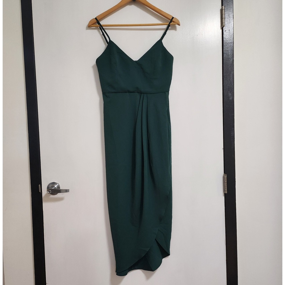 Lulus Hunter Green Chiffon Feel Slip Dress Asymmetrical Hem Midi Small